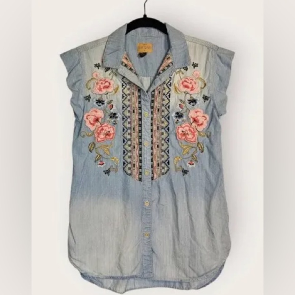 Driftwood Lana Embroidered Denim Top - Blue and Pink